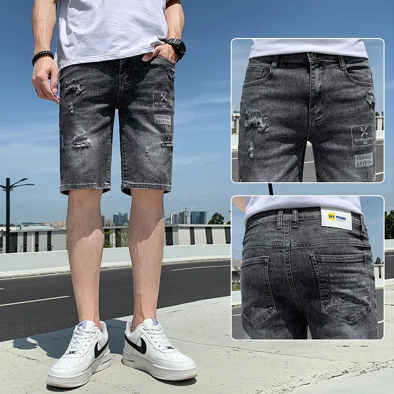 Xituodai Summer Men Ripped Denim Shorts Men's Tide Brand Trend Casual Fashion Five-Point Pants Spirit Boy Shorts Men's Jeans