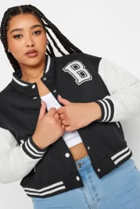 YOURS Curve Black & Grey Cropped Bomber Jacket