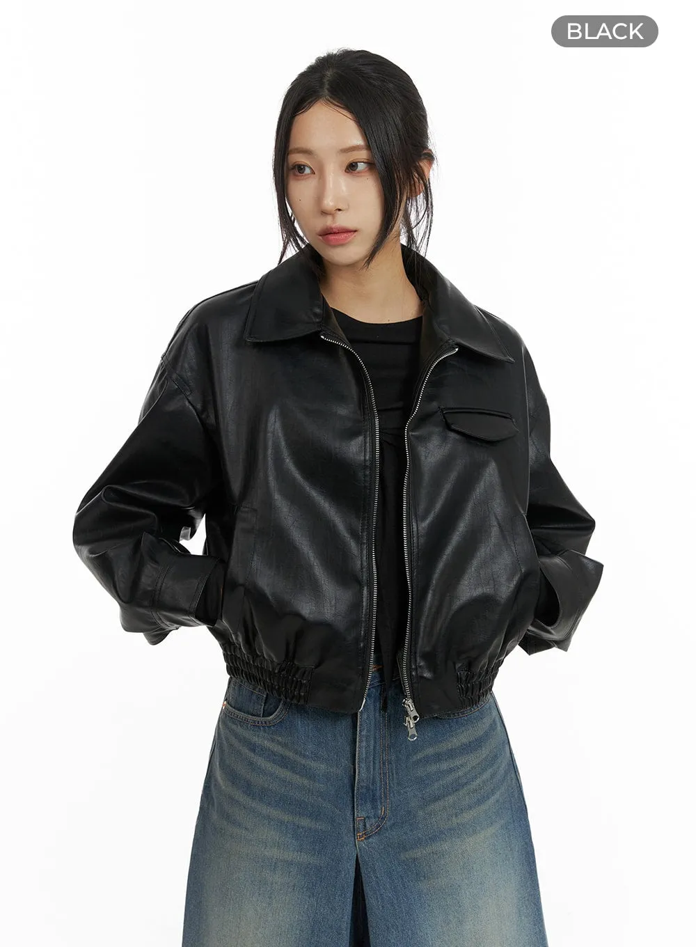 Zip-Up Faux Leather Bomber Jacket CF429